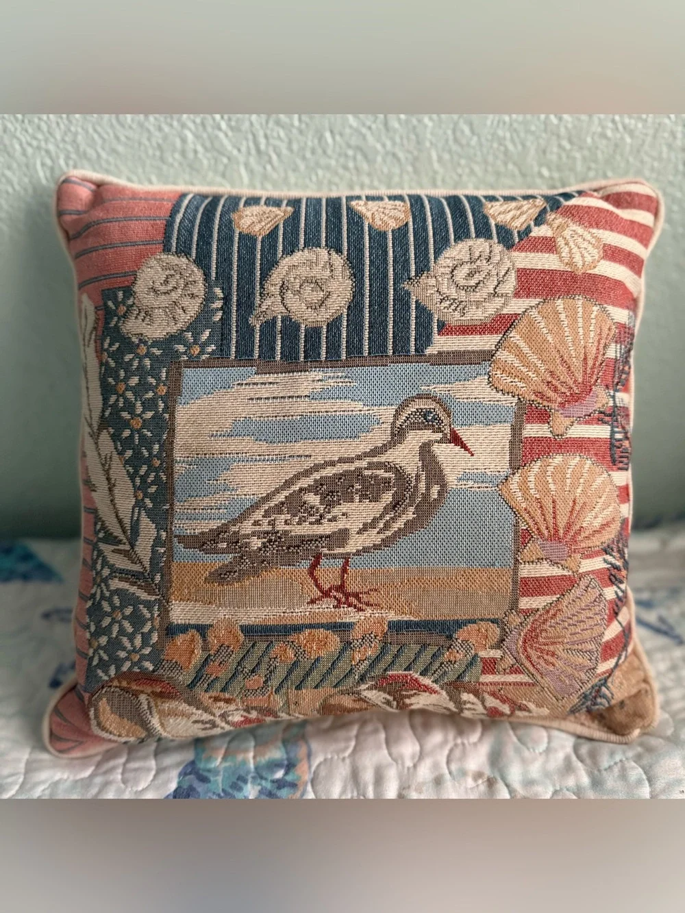 Vtg Americana Patriotic Beachside Coastal Bird Square Throw Tapestry Pillow 12”